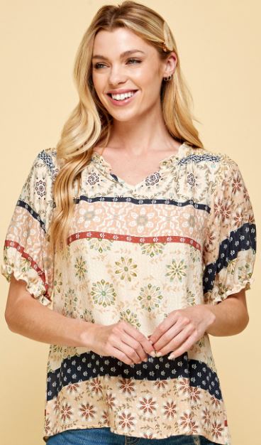 BEIGE ELBOW SLEEVE PATCHWORK TOP