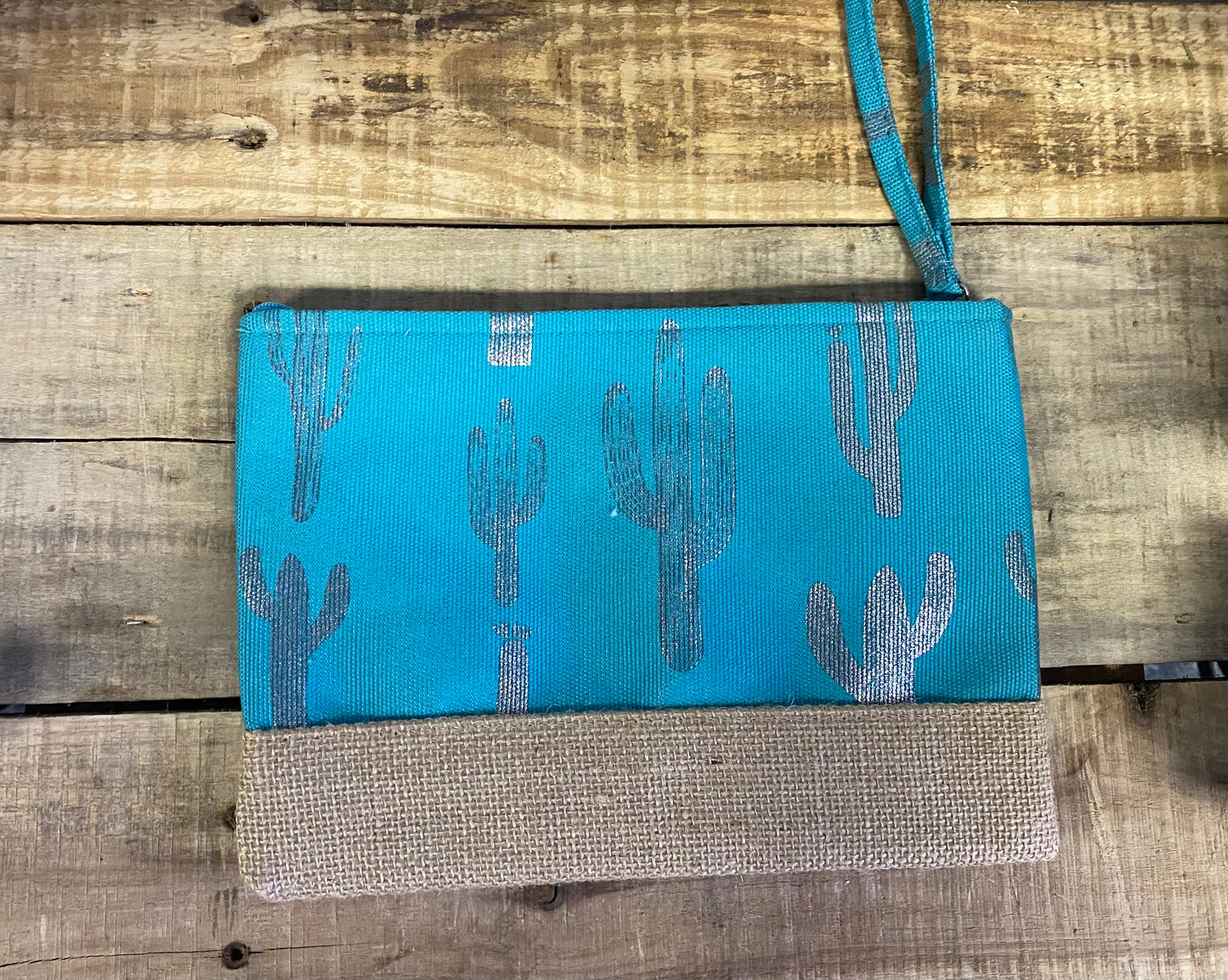 Cactus print and burlap trim wrist bag