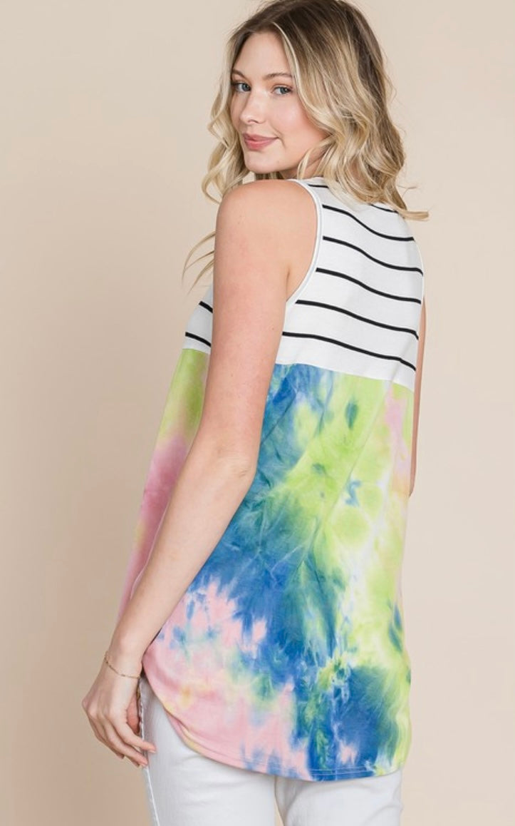 SLEEVELESS TIE DYE AND STRIPE TEE