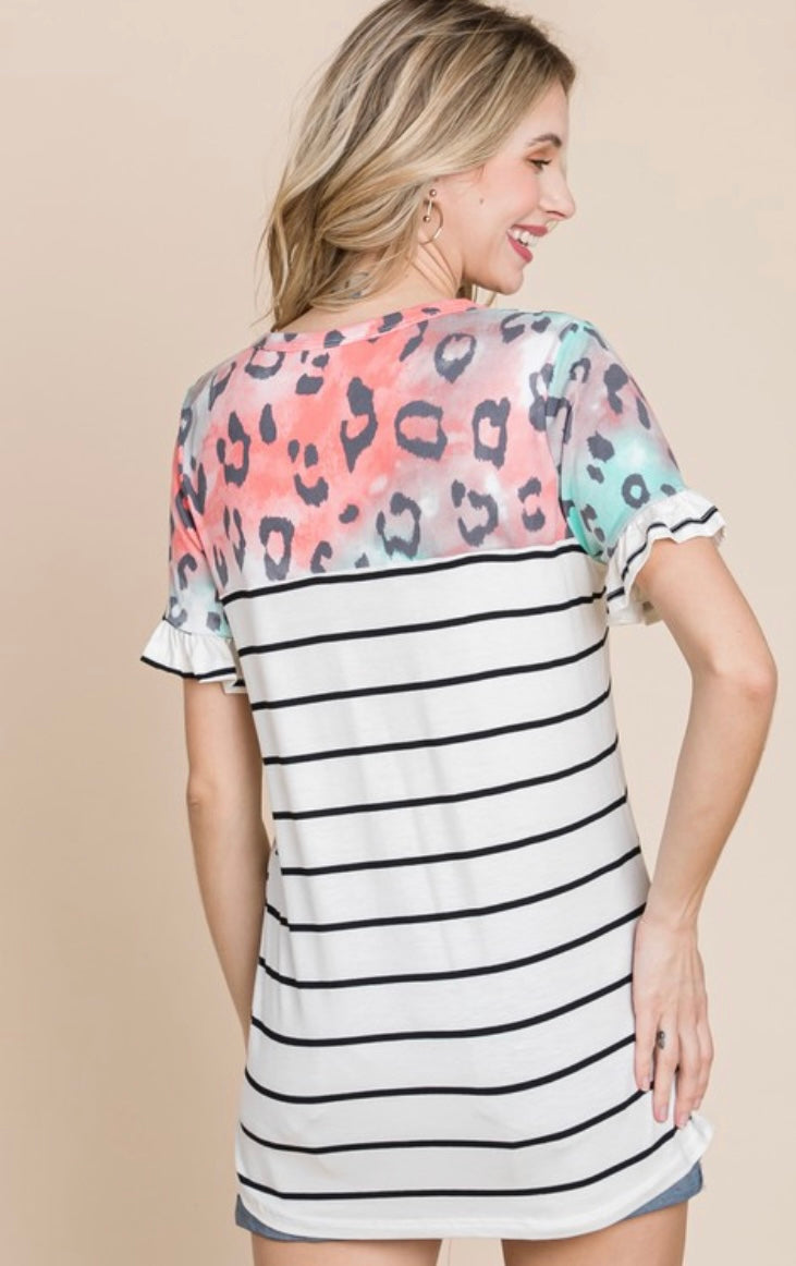 SHORT SLEEVE STRIPE AND MULTI LEOPARD W/ SEQUIN POCKET